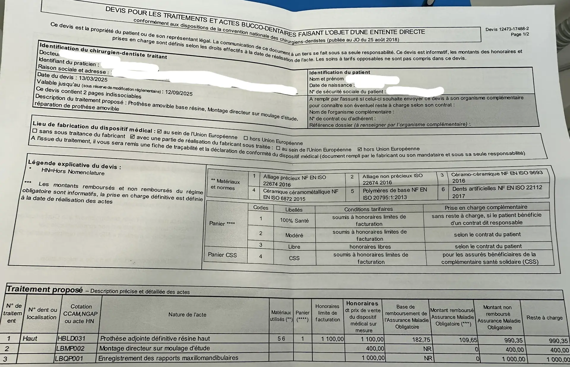 Exemple page1 de devis dentaire anonymisé pour analyse
