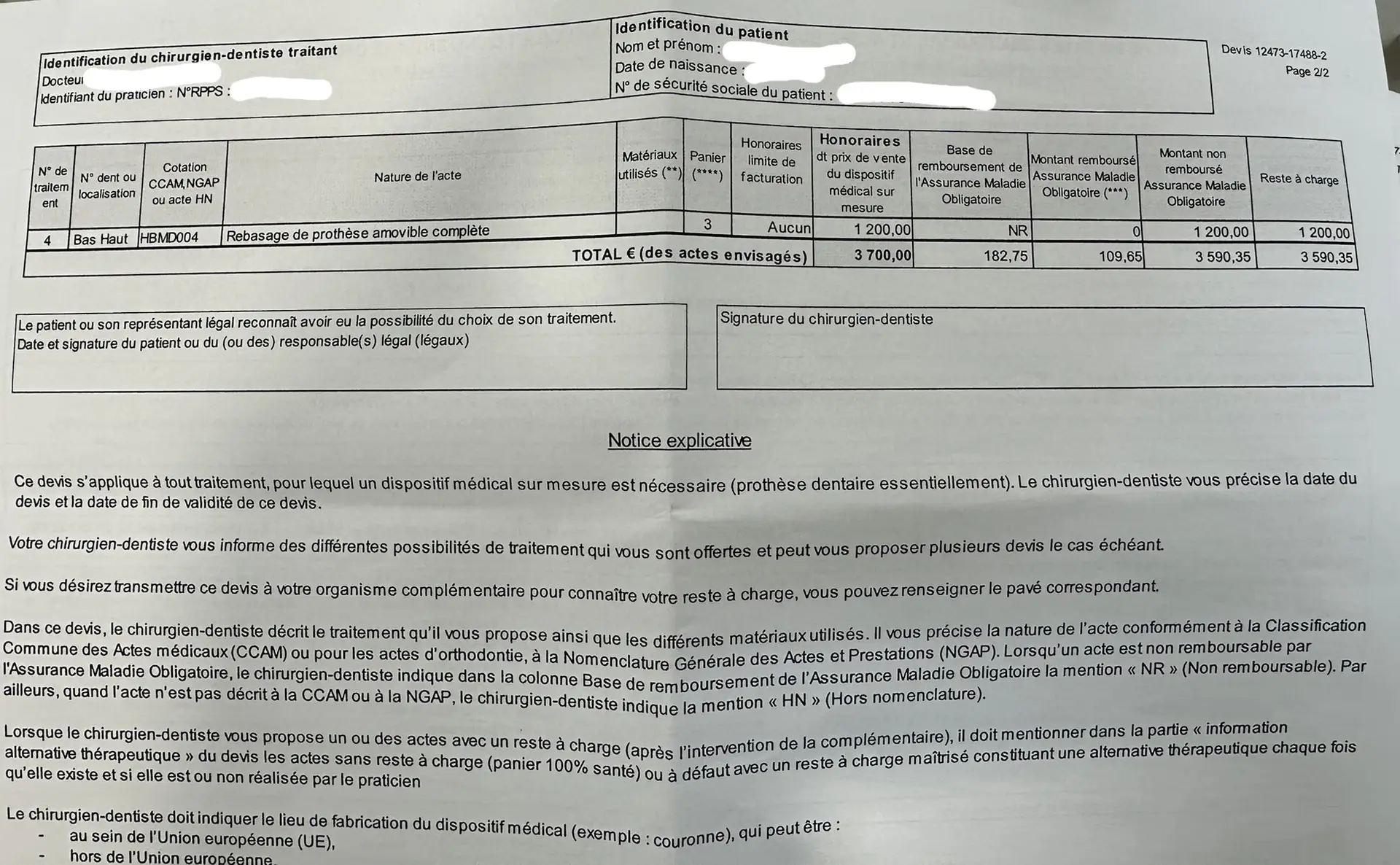 Exemple page2 de devis dentaire anonymisé pour analyse